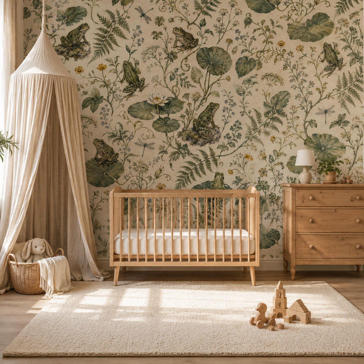 Sage frog botanical wallpaper in a nursery with a wooden crib, canopy and wooden dresser