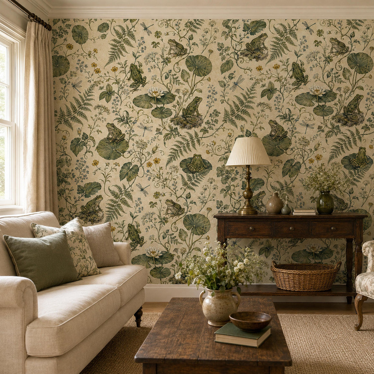 Sage frog botanical wallpaper in a living room with a cream sofa, dark wood coffee table and console