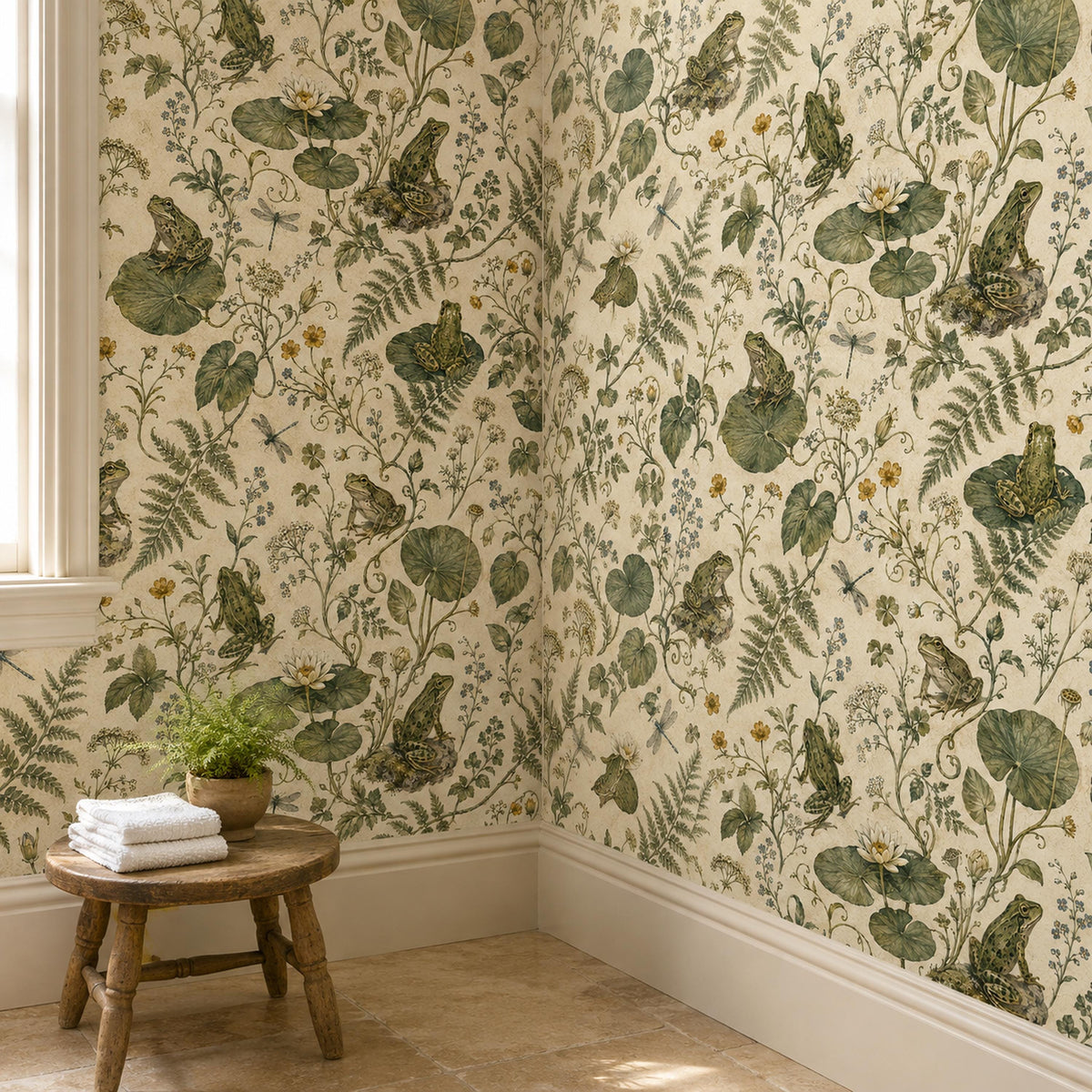 Sage frog botanical wallpaper in a corner with a small wooden stool and folded towels