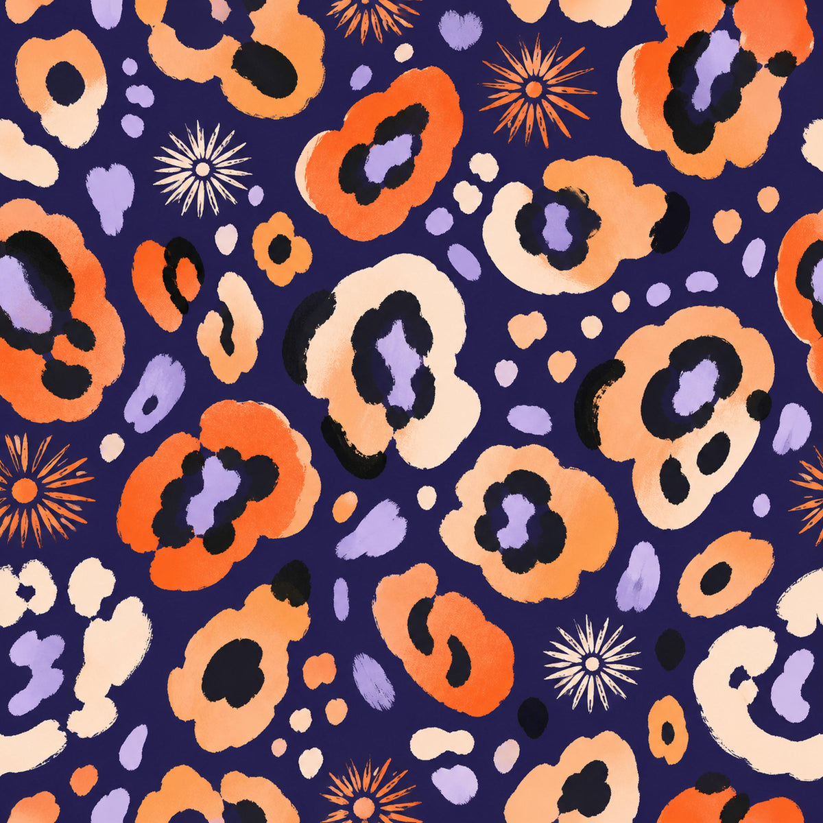 Indigo ocelot leopard print wallpaper flat view of orange, cream and lavender spots on a deep indigo ground