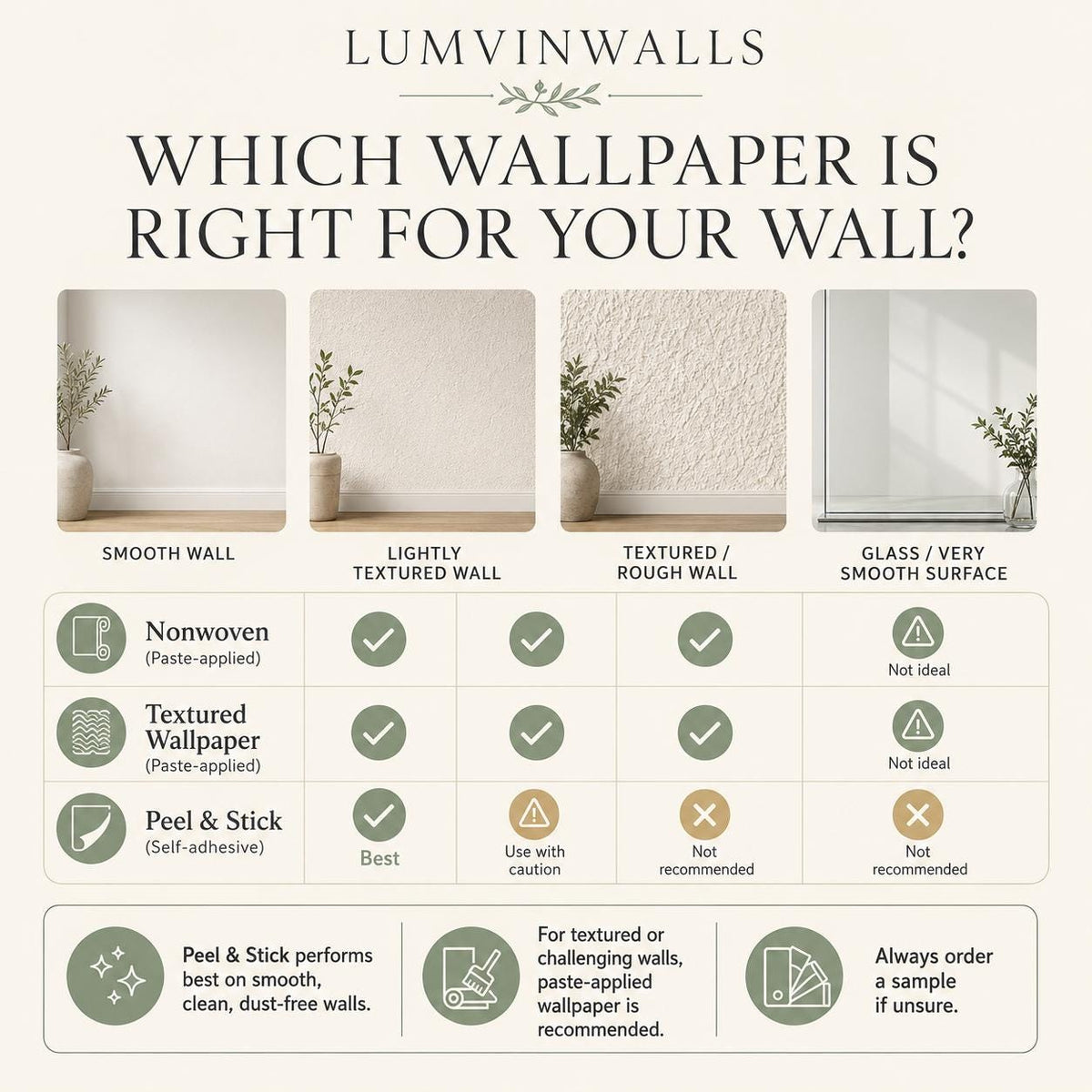 Indigo ocelot leopard print wallpaper chart showing which wallpaper type suits smooth, textured or glass walls