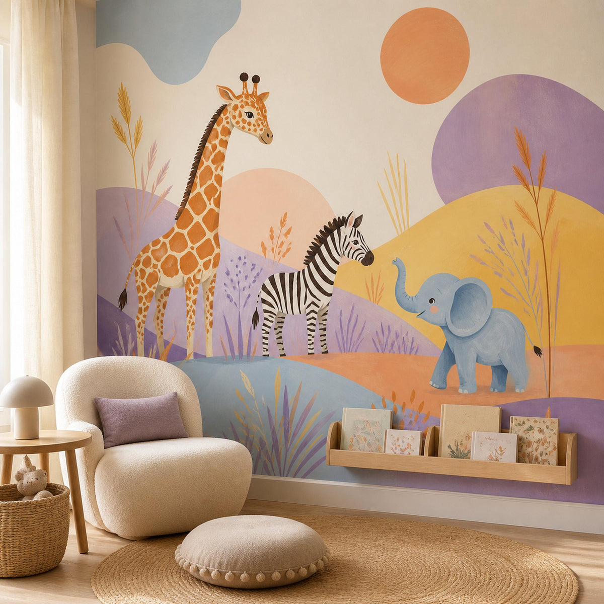 Safari nursery wallpaper mural in a nursery reading corner with a cream armchair and wall book ledge