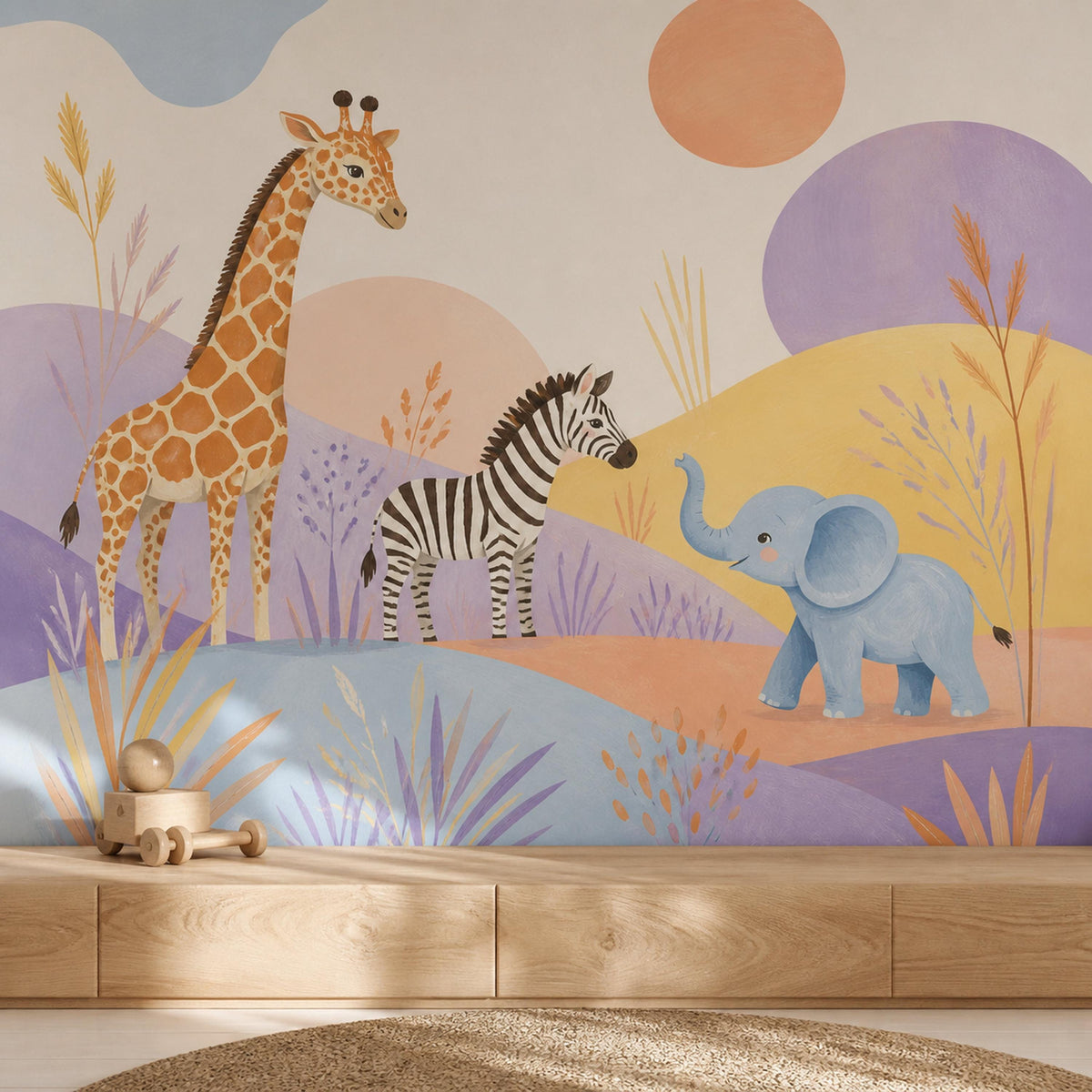 Safari nursery wallpaper mural above a low wooden bench with a wooden toy car