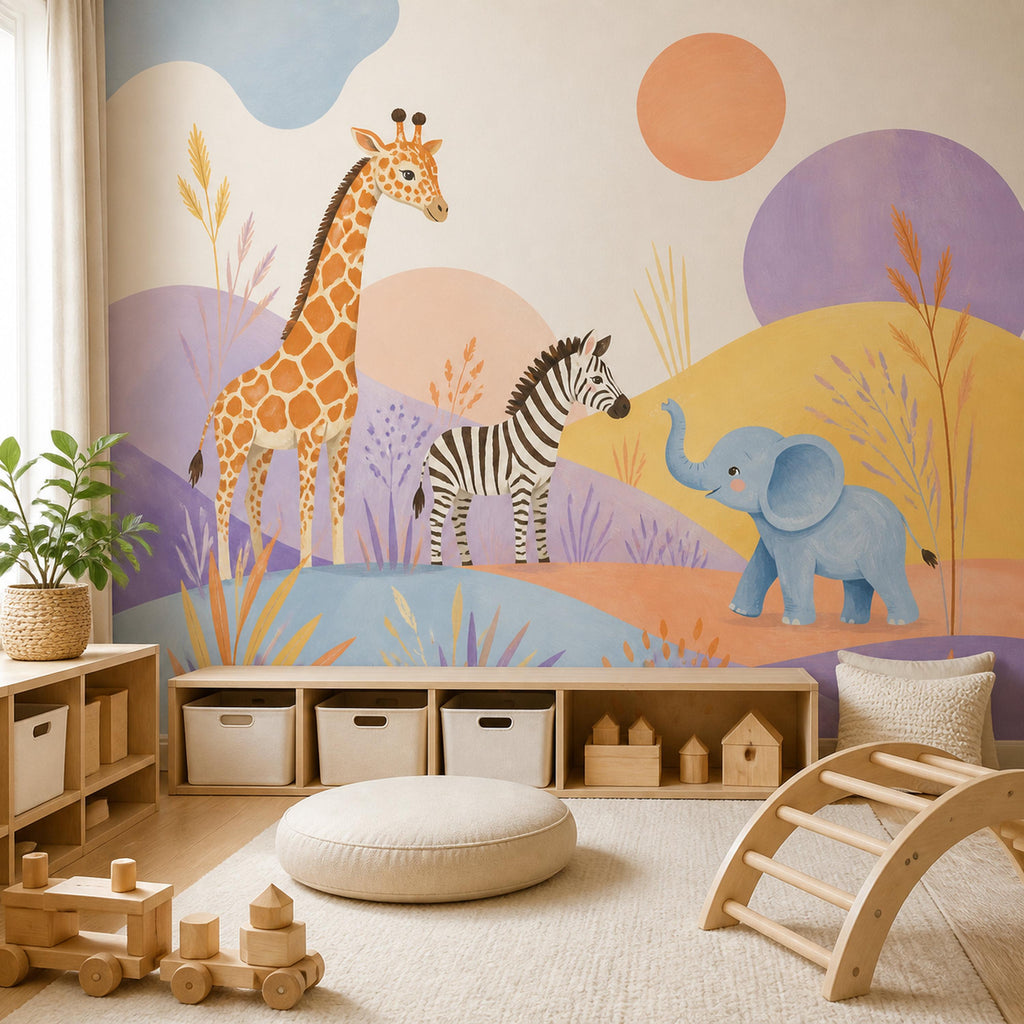 Safari nursery wallpaper mural in a playroom with toy shelves, a floor cushion and wooden climbing arch