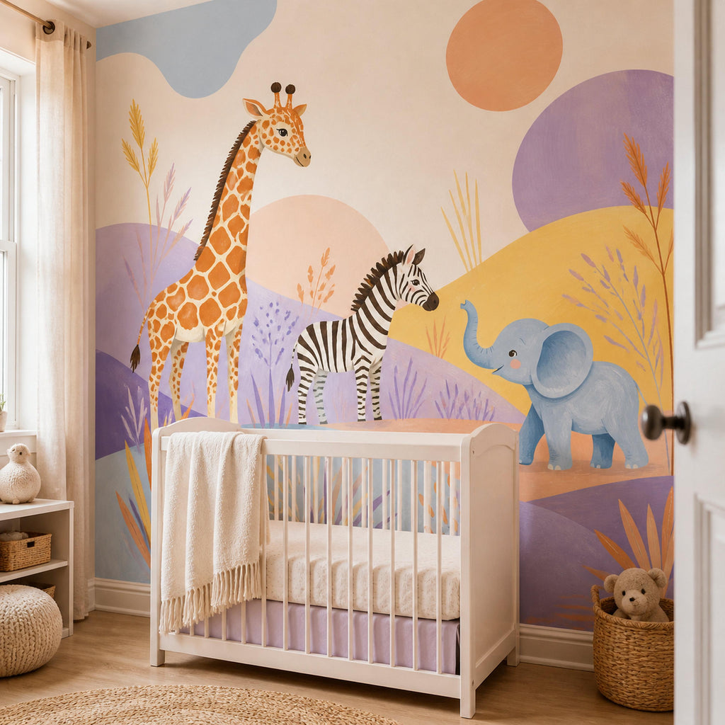 Safari nursery wallpaper mural behind a white crib next to an open door