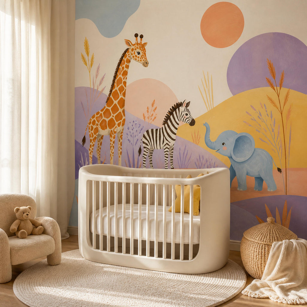 Safari nursery wallpaper mural behind a round white crib with a small armchair and teddy bear
