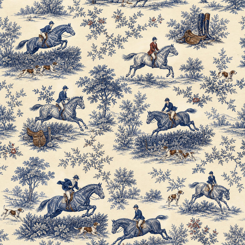Cobalt blue equestrian toile wallpaper flat view showing riders on horseback, hounds and leafy trees