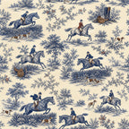 Cobalt blue equestrian toile wallpaper flat view showing riders on horseback, hounds and leafy trees