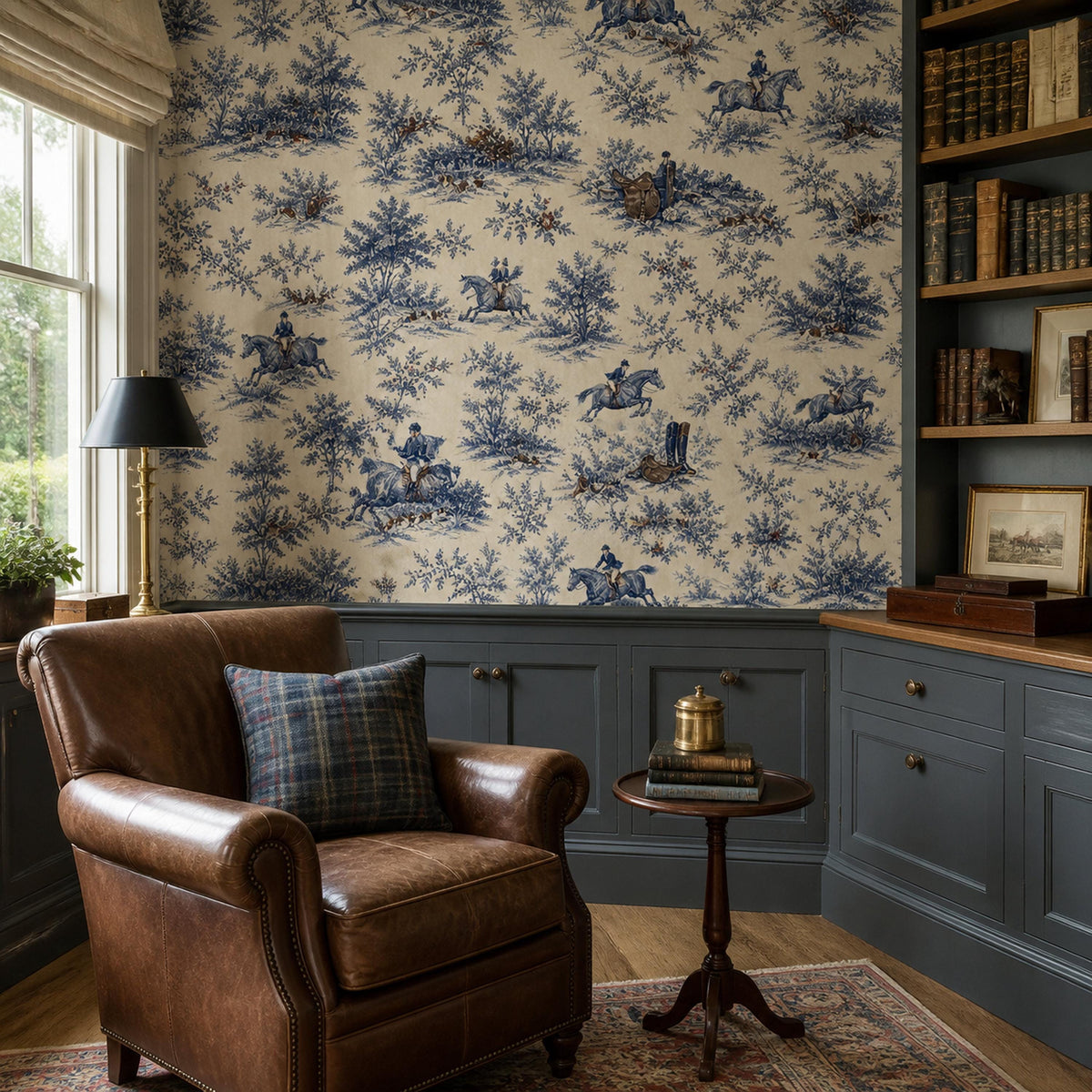 Cobalt blue equestrian toile wallpaper above navy wainscoting with a brown leather armchair and bookshelves