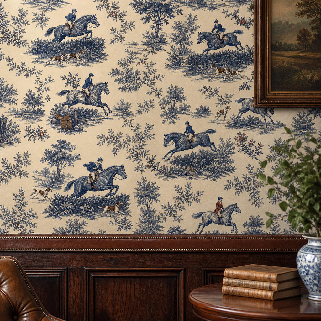 Cobalt blue equestrian toile wallpaper close-up above dark wood paneling with books and a blue and white jar