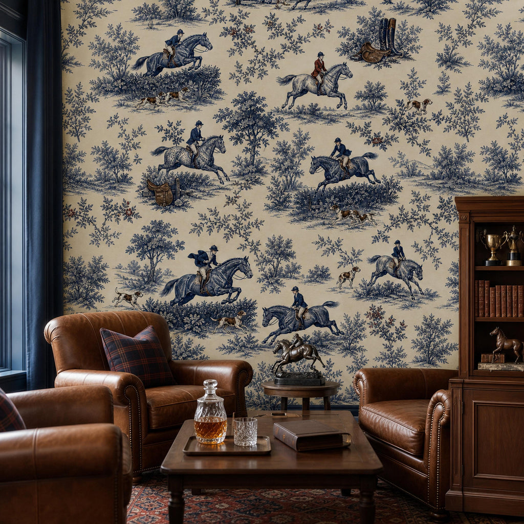 Cobalt blue equestrian toile wallpaper in a den with leather armchairs, a coffee table with decanter and a bookcase