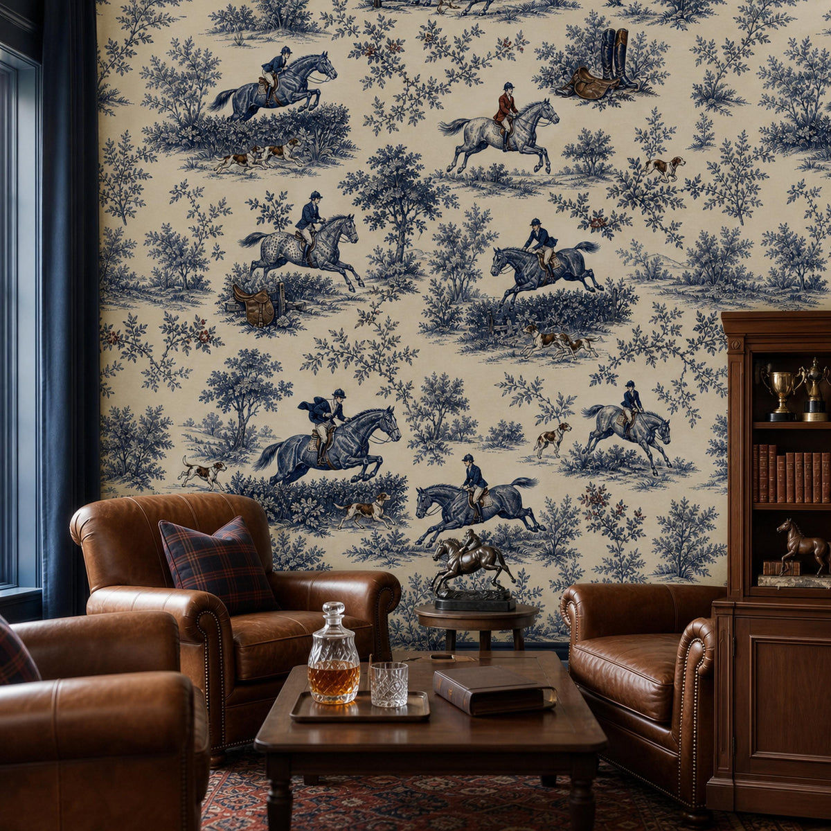 Cobalt blue equestrian toile wallpaper in a den with leather armchairs, a coffee table with decanter and a bookcase