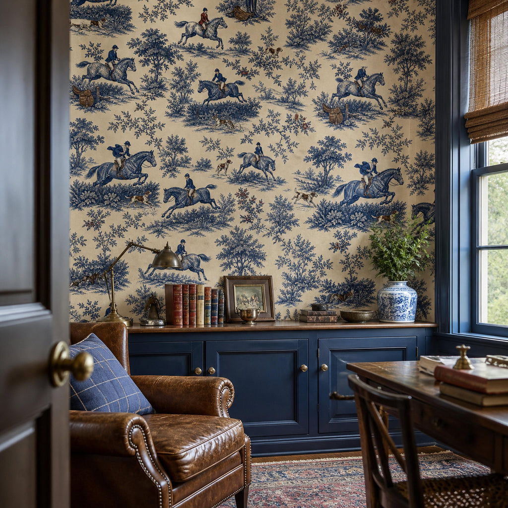 Cobalt blue equestrian toile wallpaper in an office with navy cabinetry and a leather armchair seen through a door