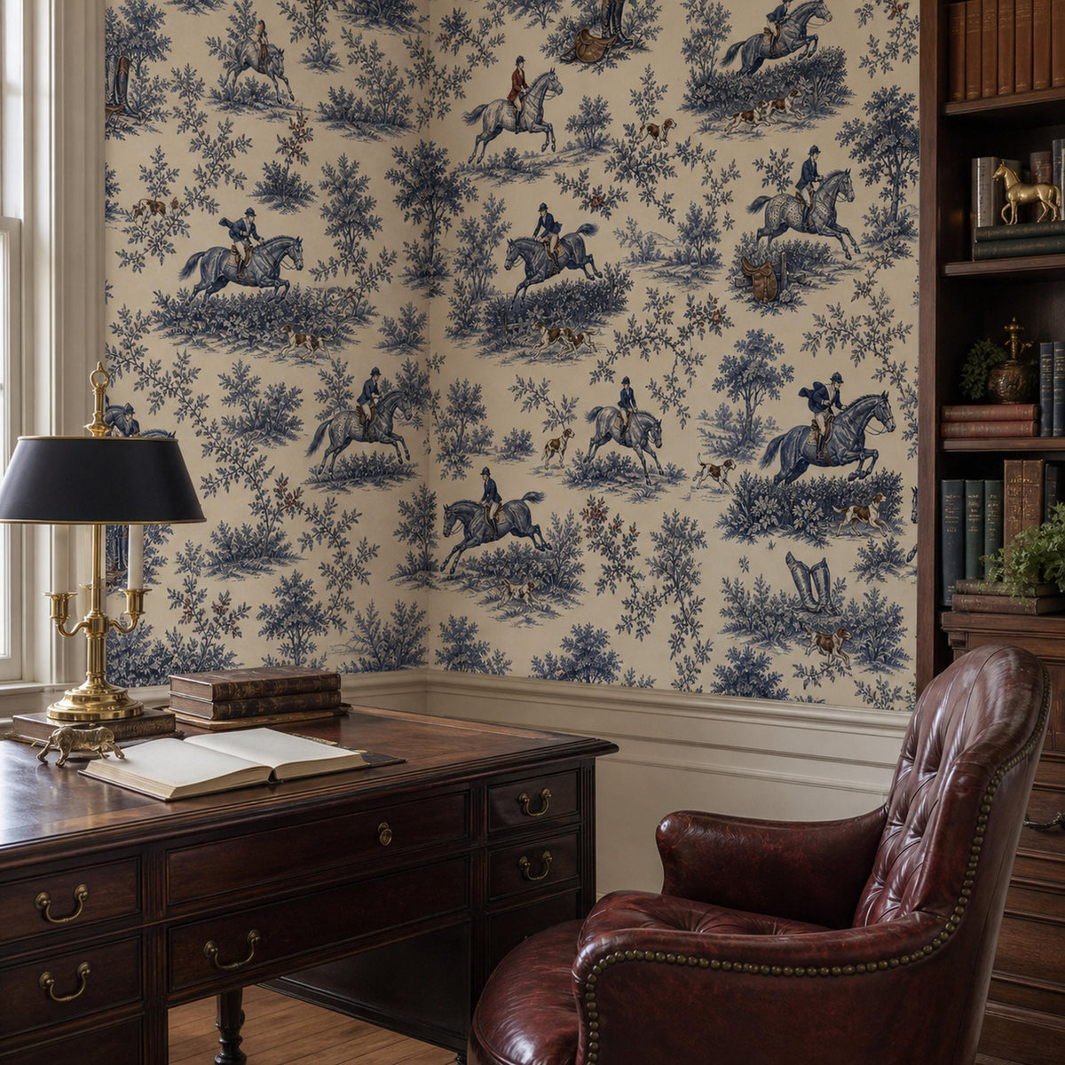 Cobalt blue equestrian toile wallpaper in a home office with a writing desk, black shade lamp and leather chair