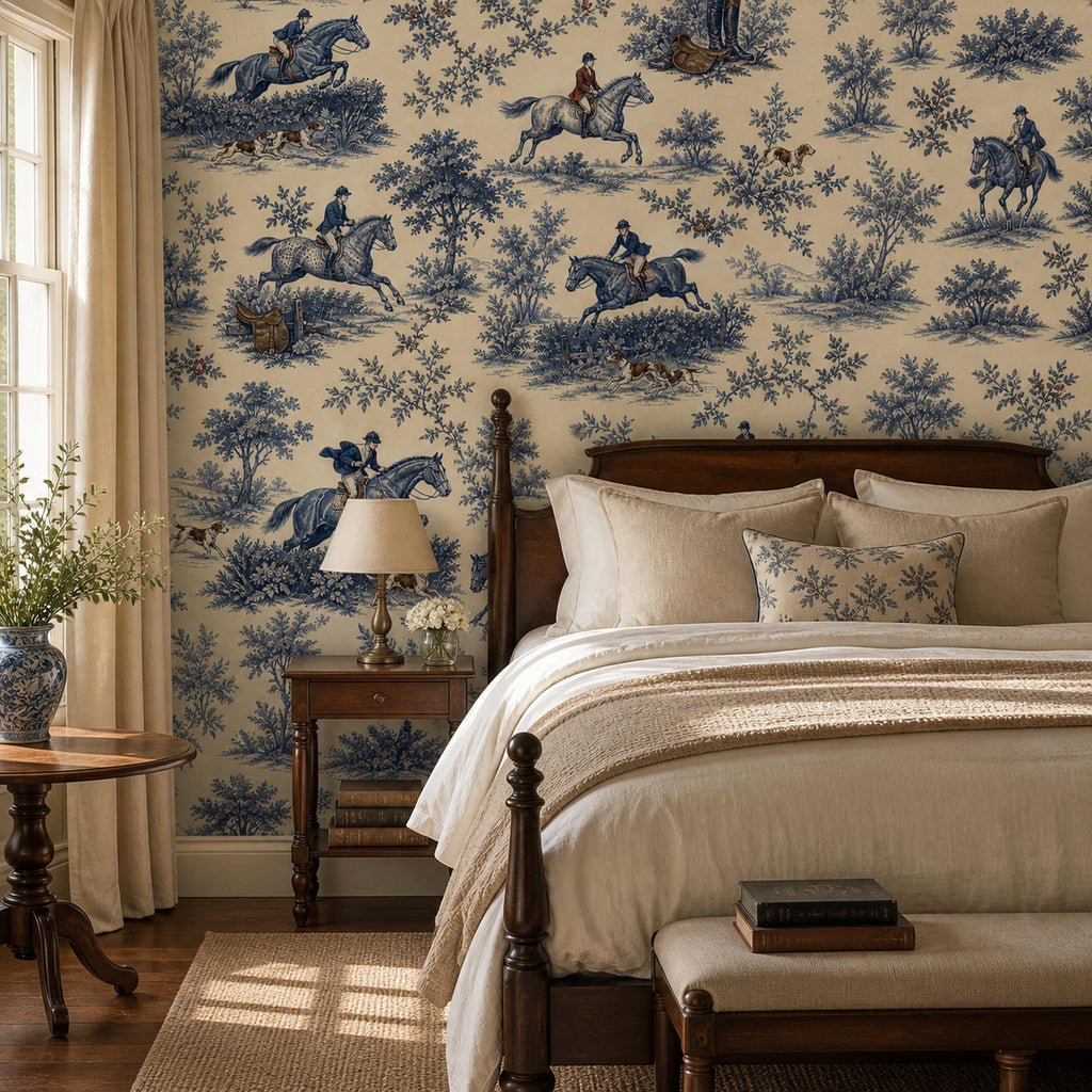 Cobalt blue equestrian toile wallpaper in a bedroom with a wooden bed, cream bedding and a bedside lamp