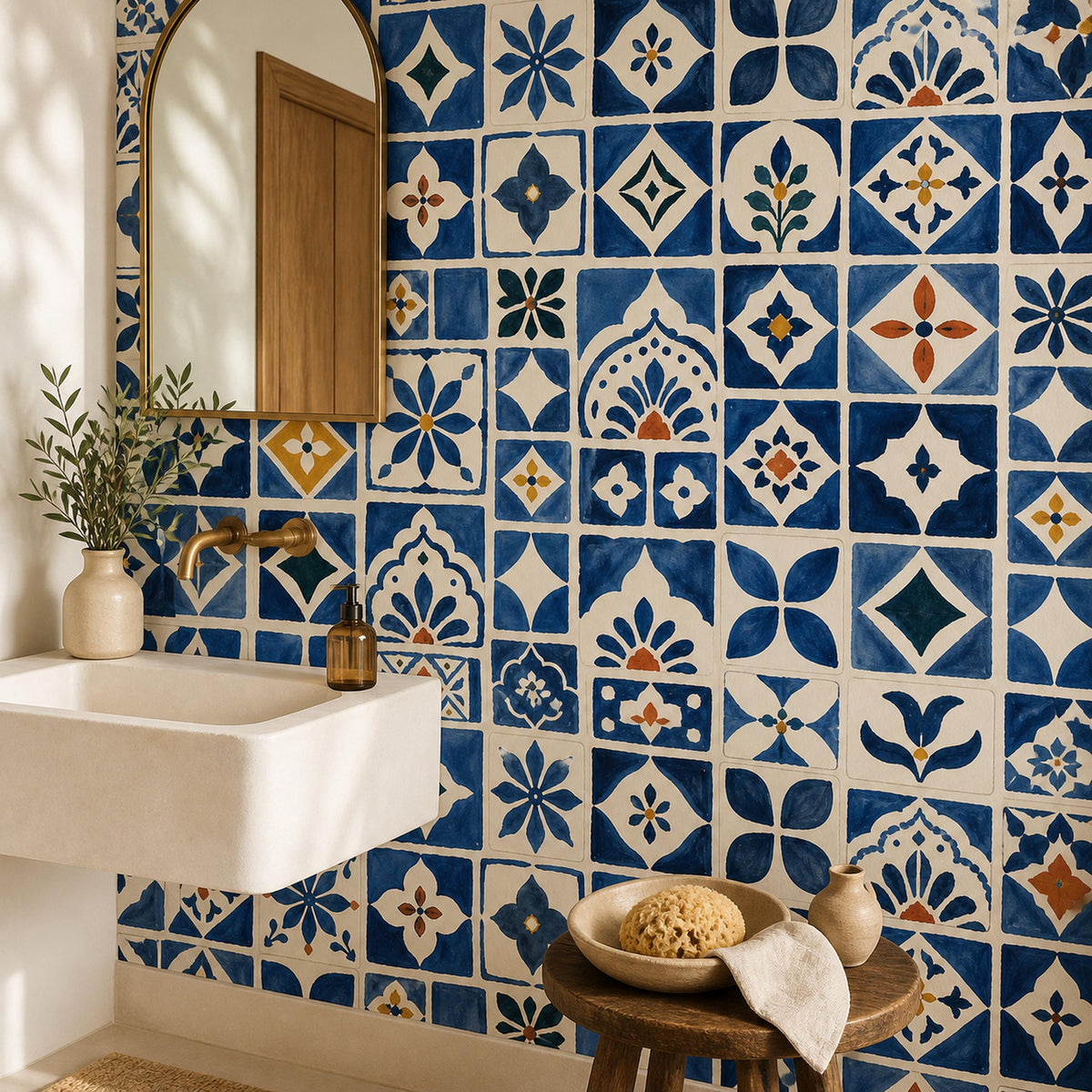 Close-up of blue Moroccan tile wallpaper showing intricate geometric zellige pattern detail