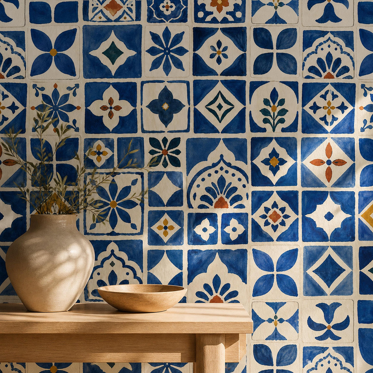Removable blue zellige wallpaper applied in a bright boho bathroom with white fixtures
