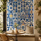 Spanish style dining nook featuring artisan cobalt tile print wallpaper on a single accent wall