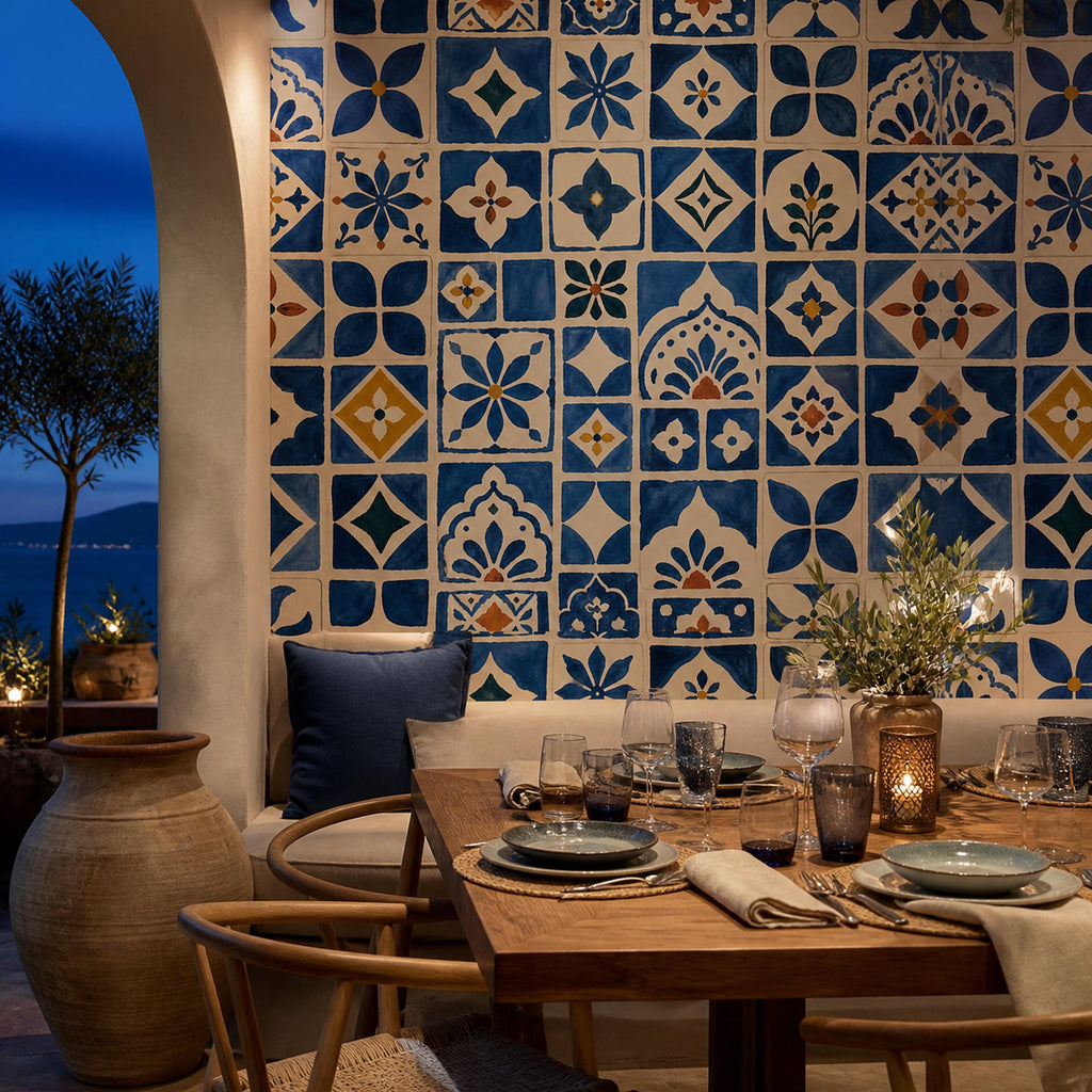 Corner detail of blue geometric wall covering showing seamless pattern alignment at seams