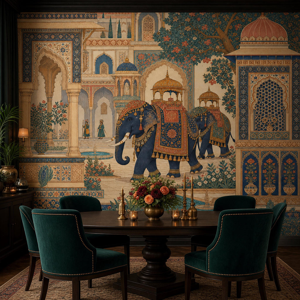Indian elephant palace mural in a dining room with a round dark table and green velvet chairs