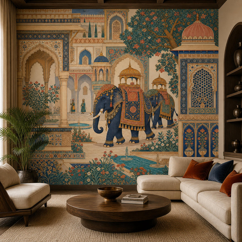 Indian elephant palace mural in a living room with a cream sectional sofa and round wooden coffee table