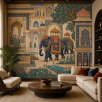Indian elephant palace mural in a living room with a cream sectional sofa and round wooden coffee table