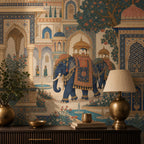 Indian elephant palace mural close-up above a dark sideboard with a brass lamp and vessels
