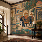 Indian elephant palace mural in an entryway with a staircase, wooden console and table lamp