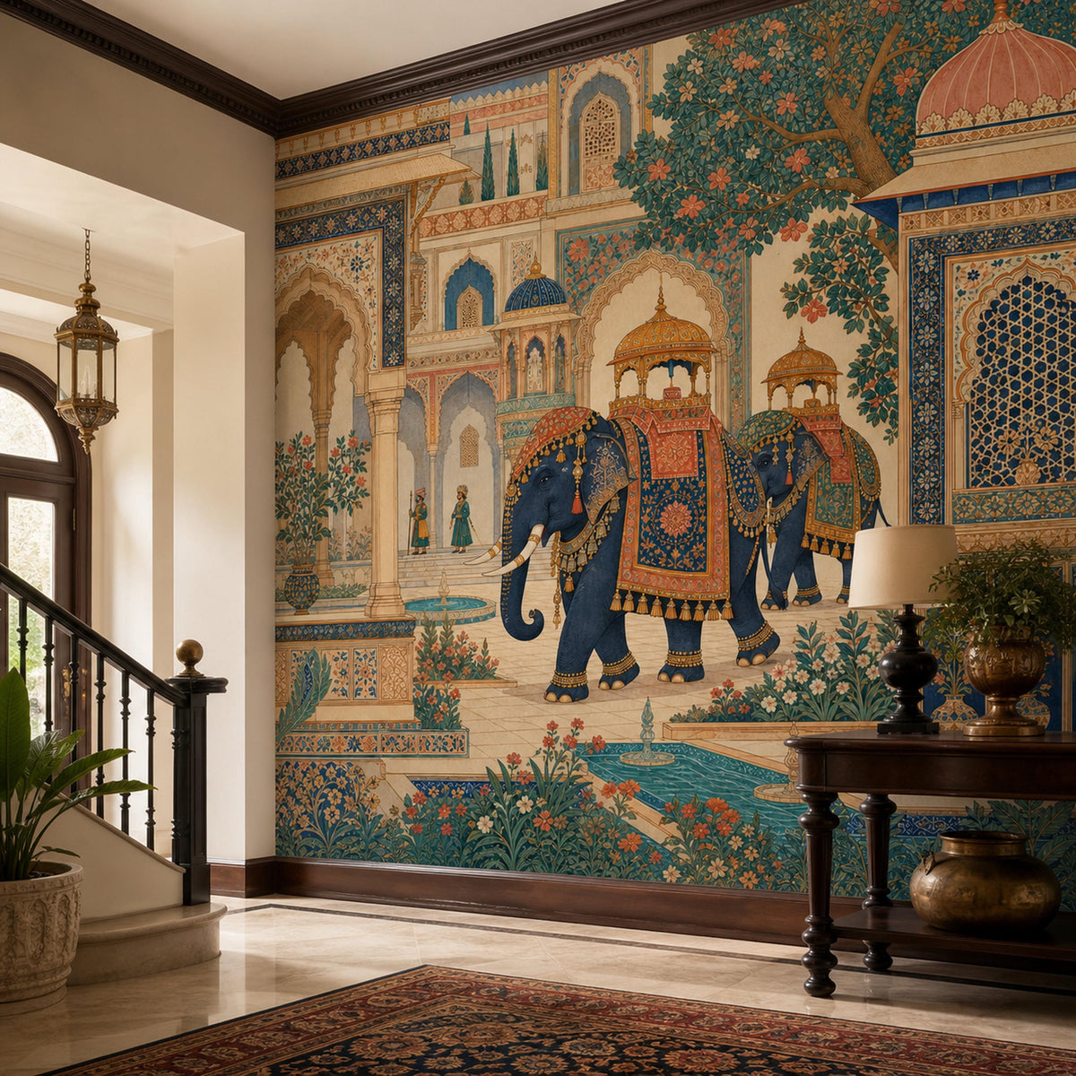 Indian elephant palace mural in an entryway with a staircase, wooden console and table lamp