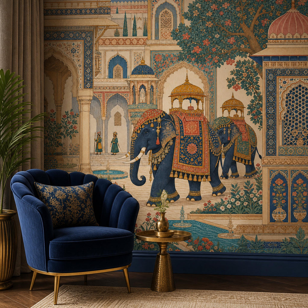 Indian elephant palace mural in a sitting area with a blue velvet scalloped armchair and gold side table