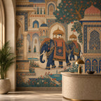 Indian elephant palace mural in a lounge with a potted palm and a curved side table with brass lamp