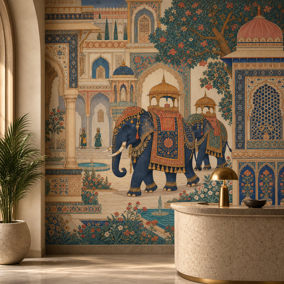 Indian elephant palace mural in a lounge with a potted palm and a curved side table with brass lamp