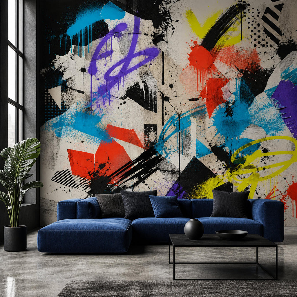 Peel and stick graffiti wallpaper covering full accent wall in vibrant urban street art style