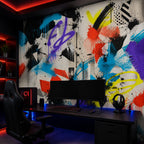 Close-up of abstract graffiti mural wallpaper showing vivid colors and bold brushstroke textures