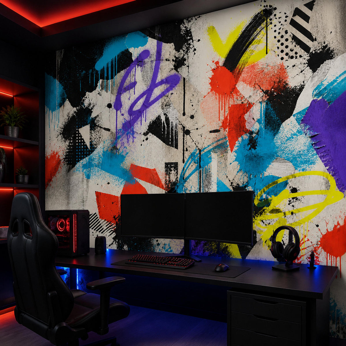 Close-up of abstract graffiti mural wallpaper showing vivid colors and bold brushstroke textures