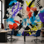 Detail shot of peel and stick wallpaper surface showing smooth finish and rich graffiti art colors