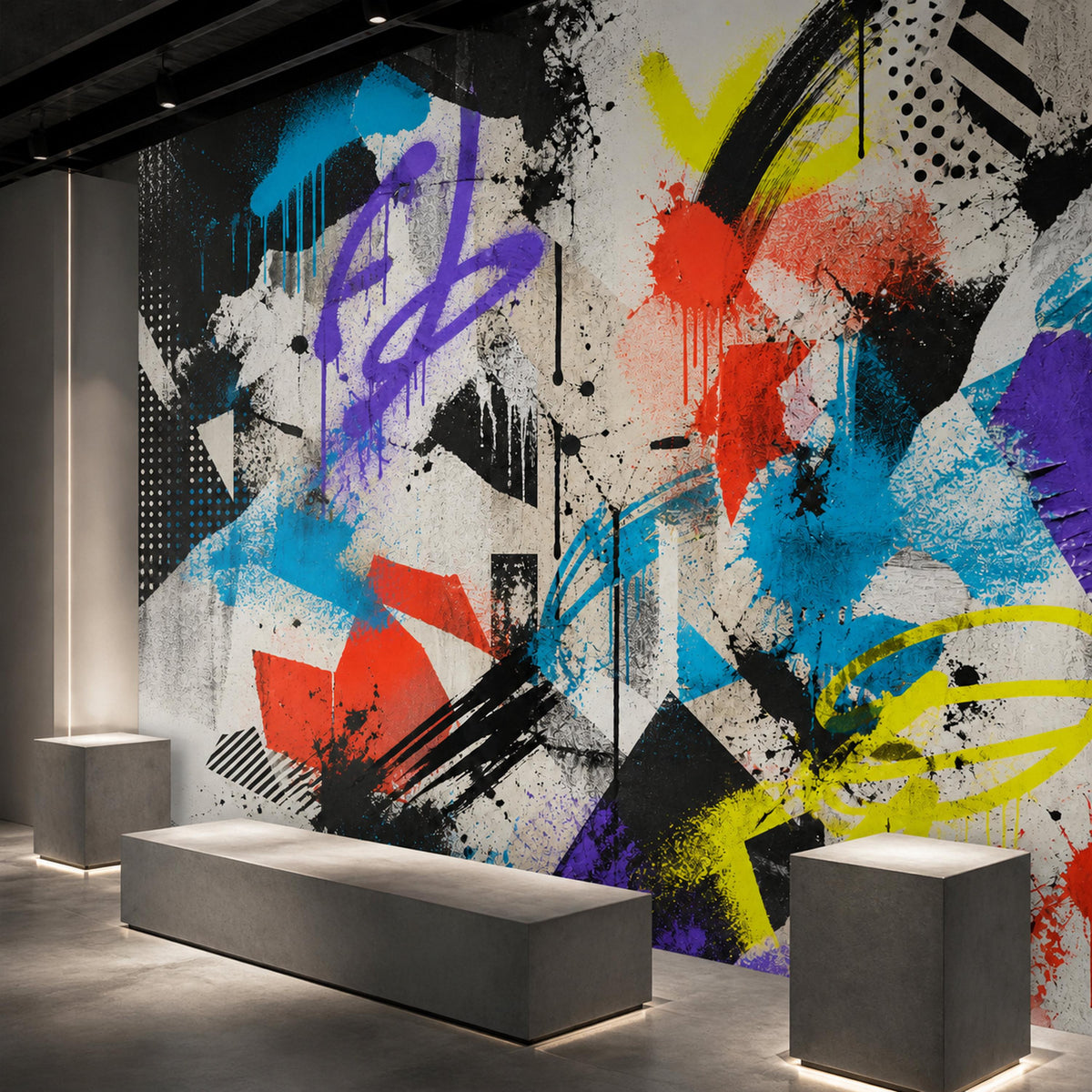 Gaming setup room with colorful abstract wall mural creating energetic urban street art atmosphere