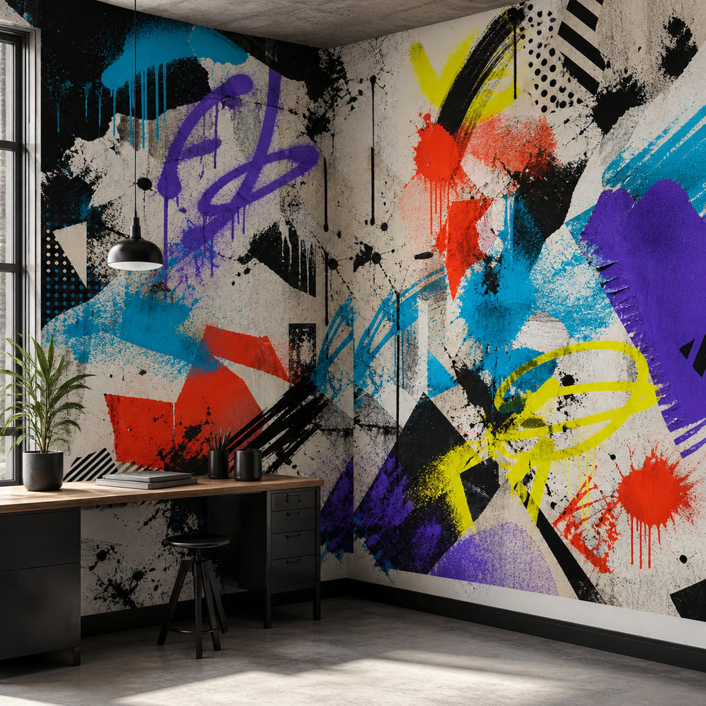 Creative studio or loft space styled with modern urban graffiti wall mural in bold abstract design