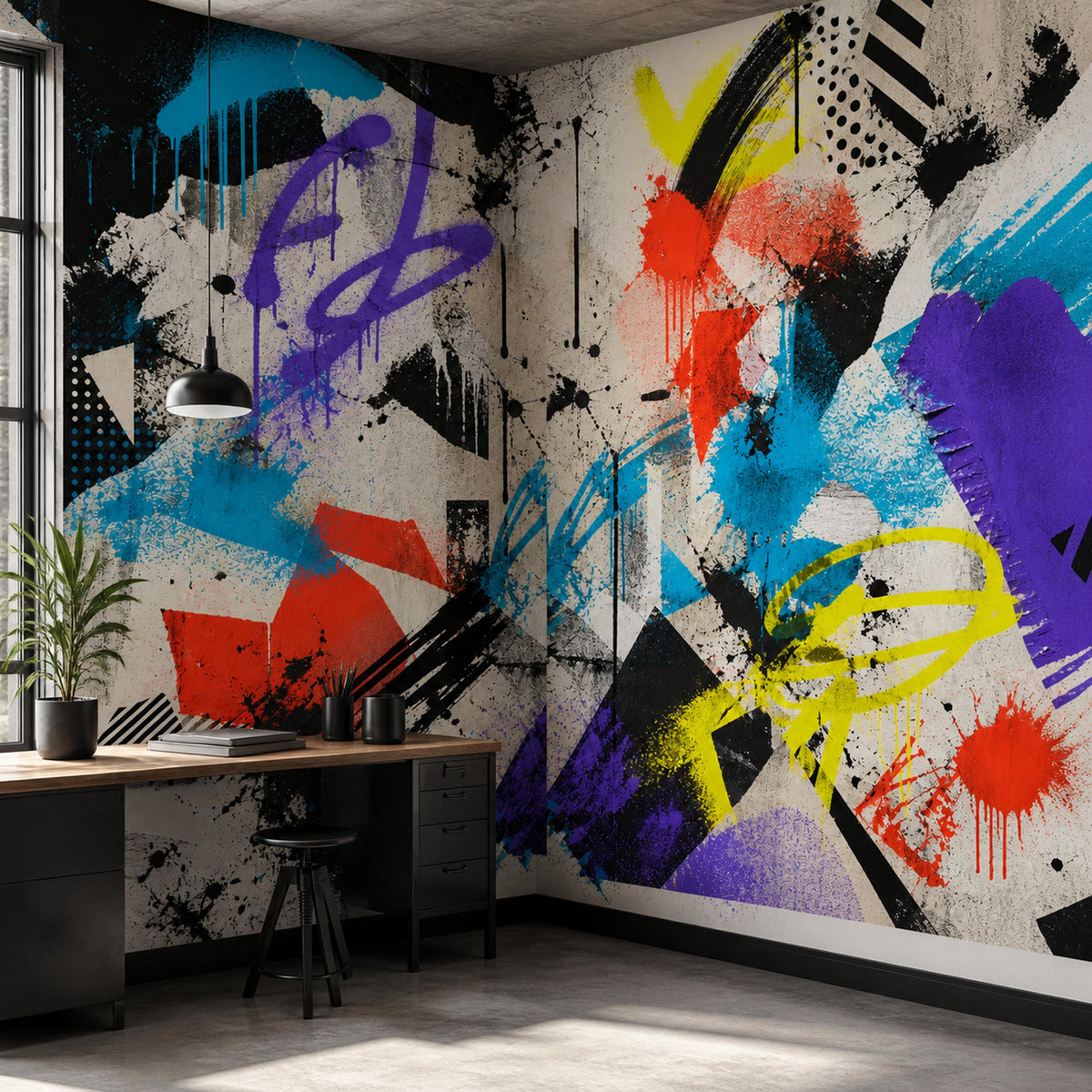 Creative studio or loft space styled with modern urban graffiti wall mural in bold abstract design