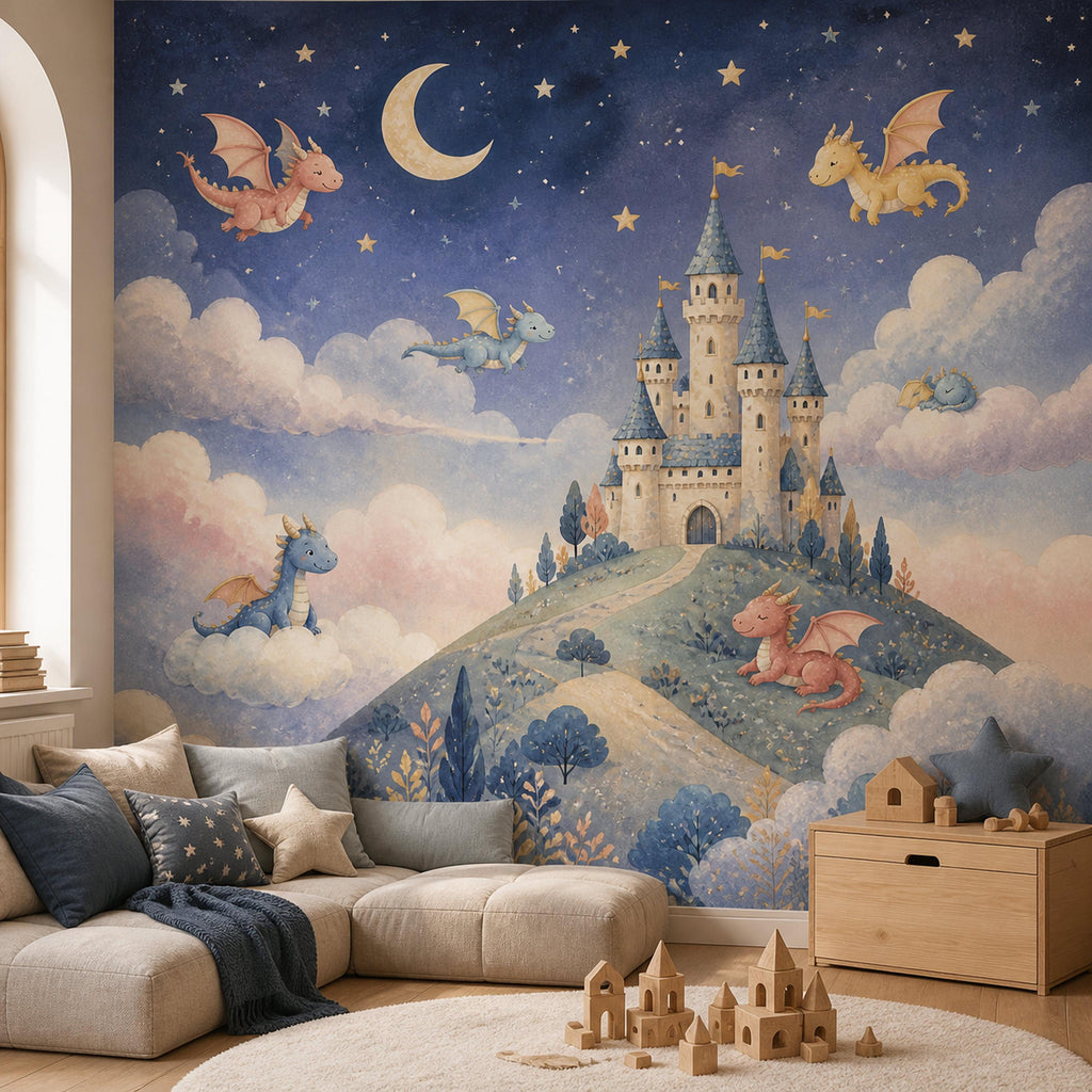 Dragon castle celestial mural in a playroom with a cream floor sofa, star pillows and wooden toy blocks
