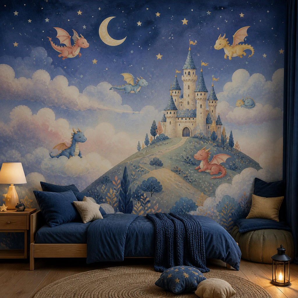 Dragon castle celestial mural in a kids bedroom with a navy daybed and table lamp