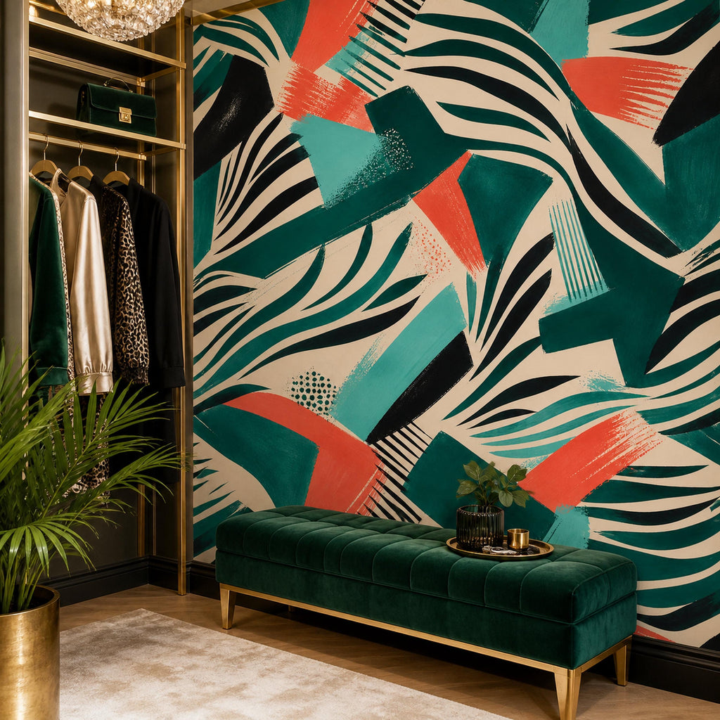 Close-up texture of coral teal zebra wallpaper showing abstract brushstroke detail and rich emerald tones