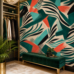 Close-up texture of coral teal zebra wallpaper showing abstract brushstroke detail and rich emerald tones