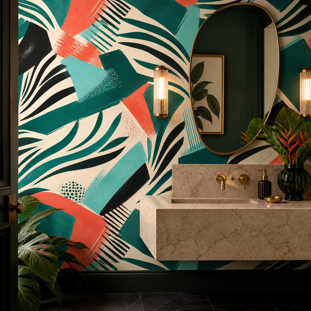 Maximalist powder room featuring emerald zebra peel and stick wallpaper with coral teal accent decor