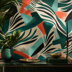 Salon interior with abstract animal print wallpaper in emerald and coral creating a bold fashion-forward wall