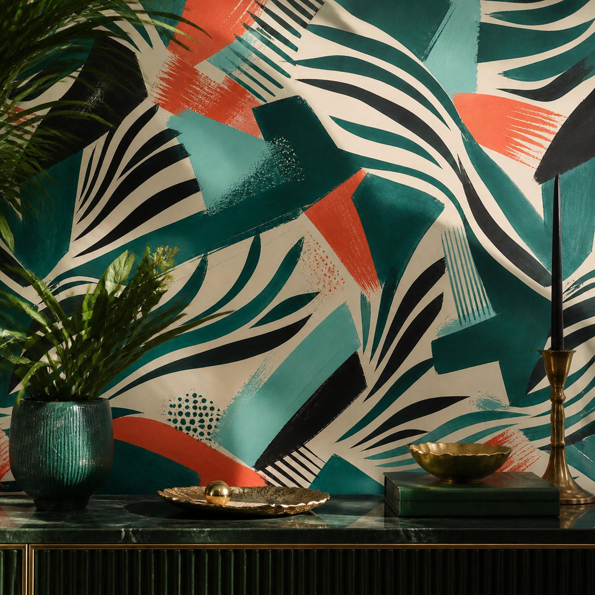 Salon interior with abstract animal print wallpaper in emerald and coral creating a bold fashion-forward wall