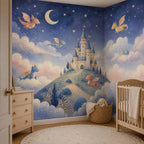 Dragon castle celestial mural in a nursery corner with a white dresser, wooden crib and wicker basket