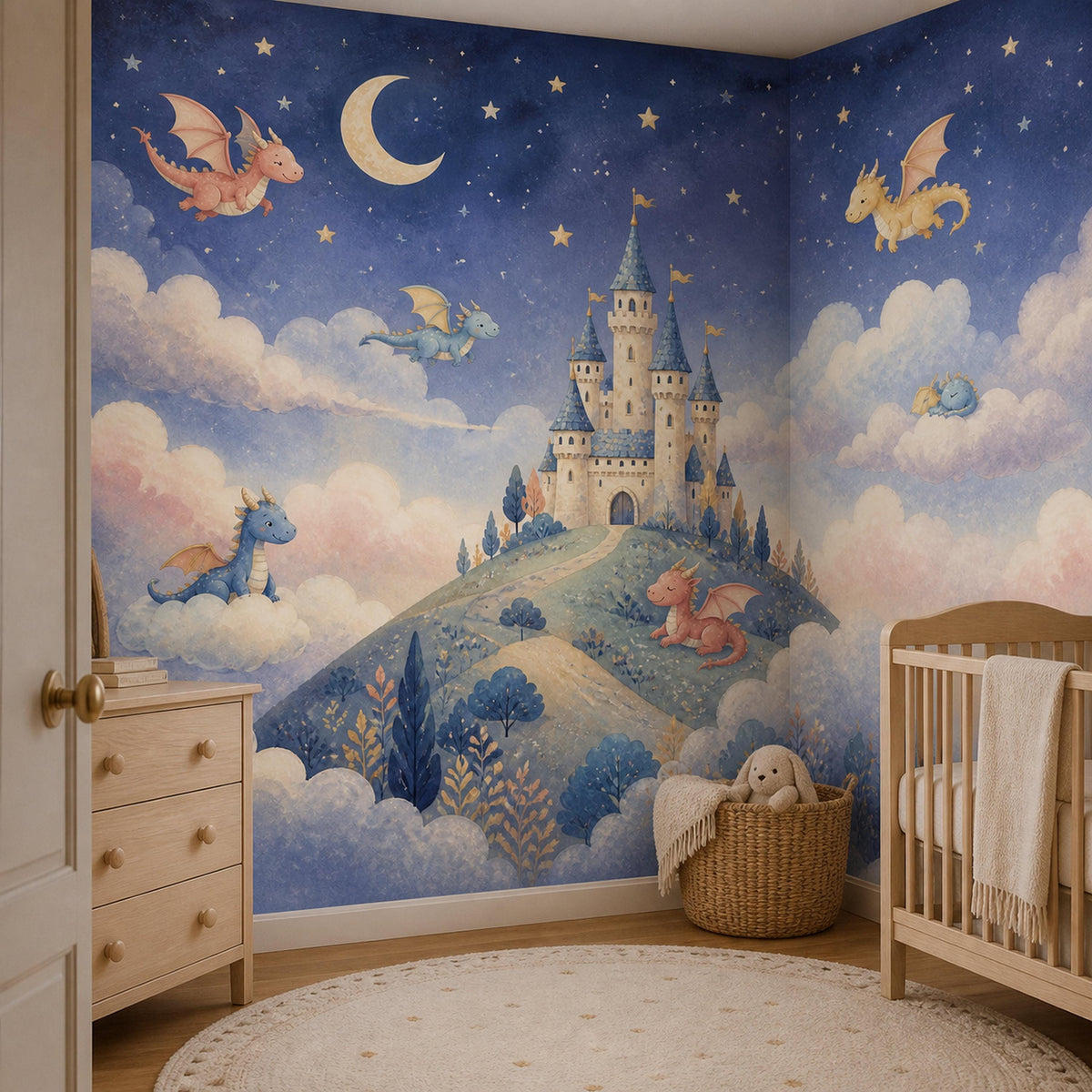 Dragon castle celestial mural in a nursery corner with a white dresser, wooden crib and wicker basket