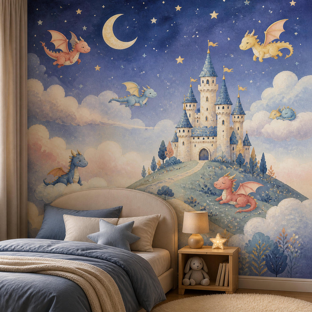 Dragon castle celestial mural in a kids bedroom with an upholstered bed, star pillow and bunny toy