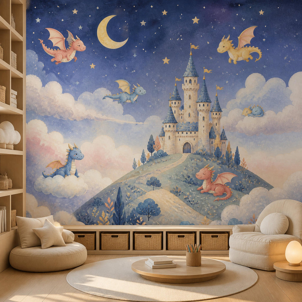 Dragon castle celestial mural in a playroom with storage bench bins, a round rug and floor cushions